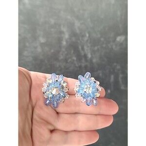 Blue Aurora Borealis Crystal Beaded Clip-on Earrings Vintage Costume Jewelry